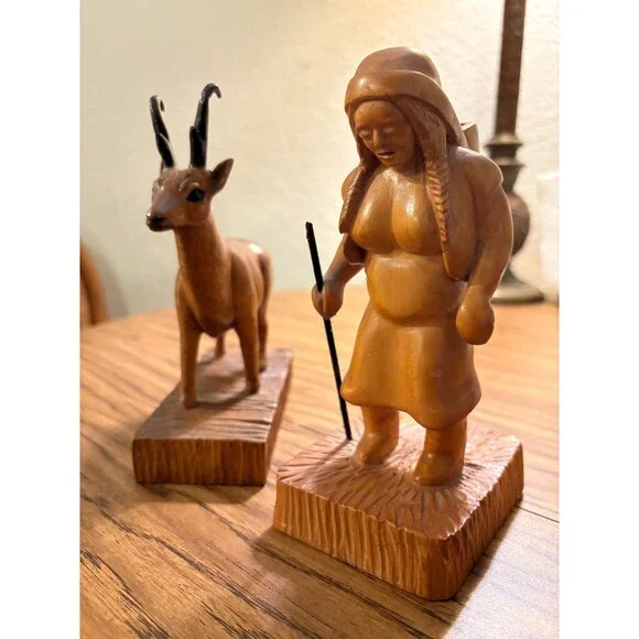 2x BLACK FOREST VINTAGE Hand Carved Wood Set Chamois Goat Tyrolean Woman Alpine